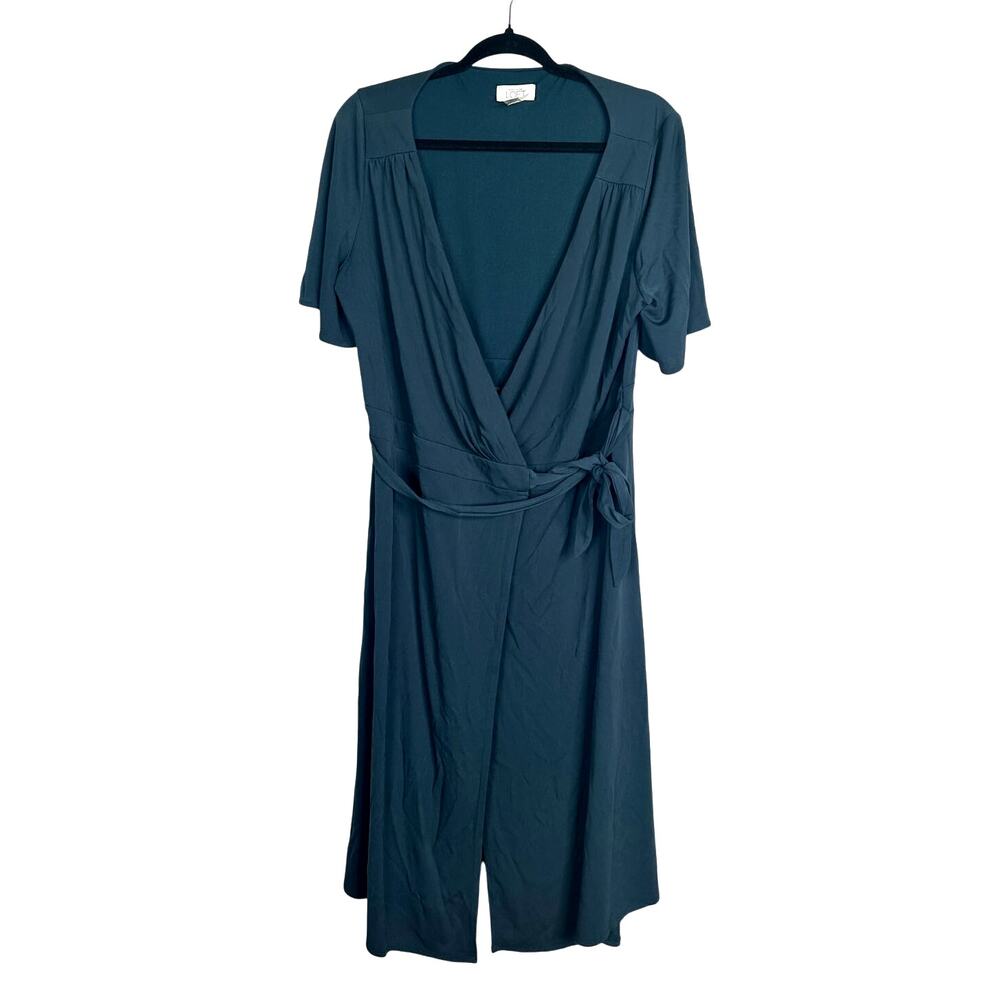 Ann Taylor Loft 14 Classic Wrap Midi Dress $149 Short Sleeve Rayon Teal Blue EUC - Picture 2 of 7